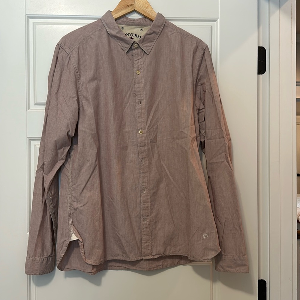 John Varvatos button down.  Size L but runs on smaller side.